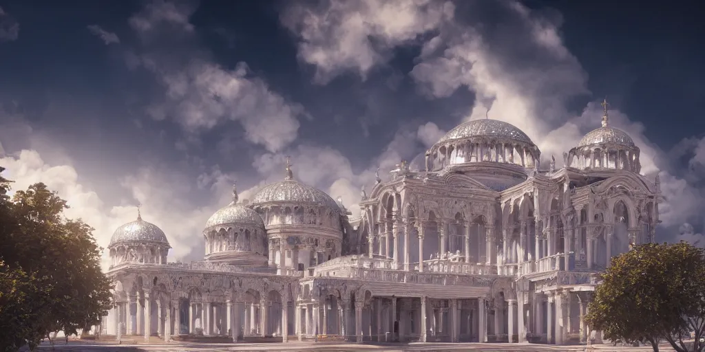 Image similar to beautiful digital illustration of a shining silver Byzantine palace in the sky, fluffy pastel clouds, architecture, concept art, deviantArt, artsation, artstation HQ, HD, 16k resolution, octane, finalRender, Unreal Engine