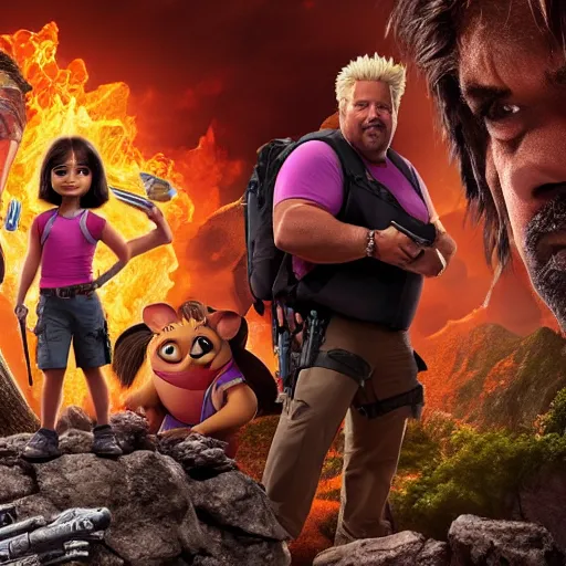 Image similar to still from the movie with Dora the Explorer (played by Lara Croft) and Guy Fieri (played by Anthony Hopkins), award-winning cinematography, 4k