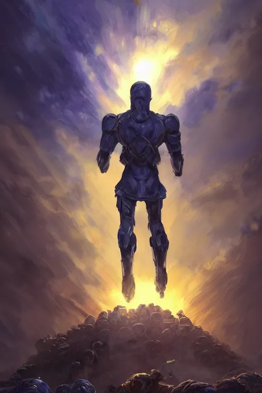 Image similar to a distant shot of a human super soldier with blue and yellow flag and standing alone on a huge pile of human skulls as a winner, masculine figure, D&D, fantasy, bright hopeful atmosphere, volumetric lights, beam of bright light through the clouds, intricate, elegant, highly detailed, extremely detailed, digital painting, artstation, concept art, matte, smooth, sharp focus, hyper realistic, illustration, art by Artgerm and Greg Rutkowski and Alphonse Mucha