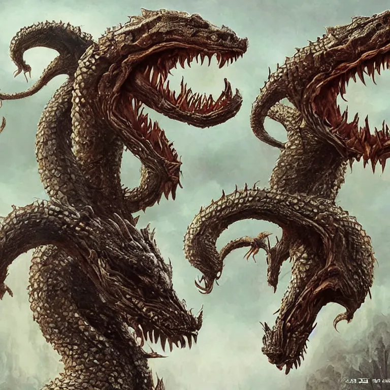 Image similar to two - headed hydra of lerna, jim carey as lloyd christmas beside jeff daniels as harry dunne ( from dumb and dumber ), serpentine water monster, d & d, fantasy, portrait, highly detailed, digital painting, trending on artstation, concept art, sharp focus, illustration, art by artgerm and greg rutkowski and magali villeneuve