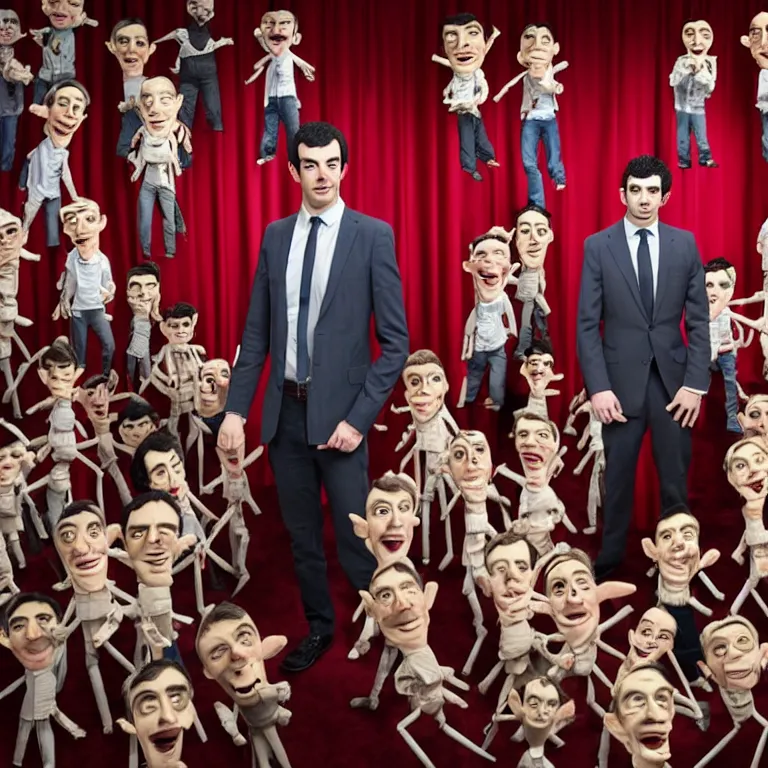 Image similar to focused dslr medium shot photograph of nathan fielder standing in front of dozens of nathan fielder puppets on strings from nathan for you on comedy central on a stage with a red curtain, meta, fractal, trippy, high detail!!! 8 k!!!!, photorealism!!!, sharp focus!!! coherent!!!