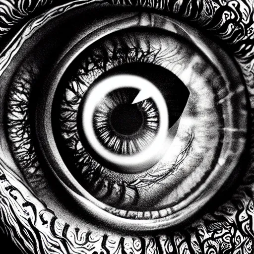 Image similar to a detailed extremely close up of inside the iris, cornea, red image, microscopic, extremely close up drawing by junji ito, cgsociety, generative art, lovecraftian, parallax, cosmic horror, extremely detailed, hyperrealism, unreal engine, octane render, award winning, masterpiece, highly detailed, realistic, 4 k, digital