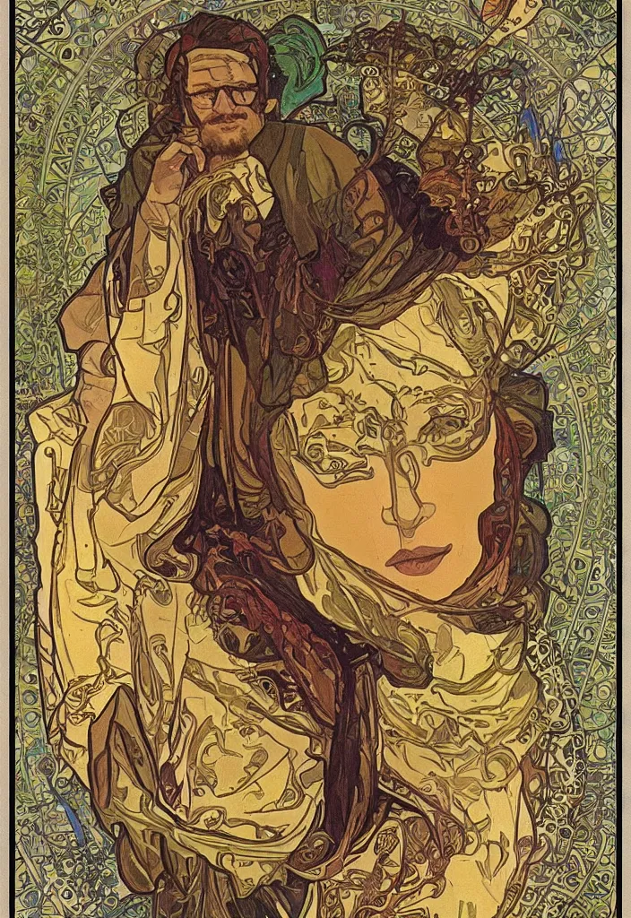 Image similar to Jurgen Schmidhuber on a tarot card, tarot in art style by Alphonse Mucha