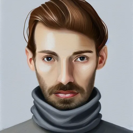 Prompt: gangly man with short blond brown wavy hair, blond brown stubble beard, no mustache, English heritage, grey eyes, middle aged, wearing a turtleneck and jacket, pale skin, narrow face, digital art, painterly, cartoon, cute, 8k, illustration, art by loish, painterly, trending on artstation, medium shot, uncropped