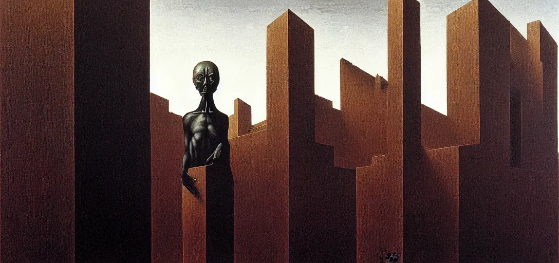 Prompt: dystopian surreal painting of a single eerie head statue surrounded by buildings by zdzisław beksinski and caravaggio