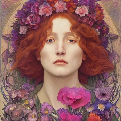 Prompt: queen of flowers, by annie swynnerton and charlie bowater and tino rodriguez and nicholas roerich and jean delville and evelyn de morgan, dramatic lighting, floral tattoos, rich colors, smooth sharp focus, extremely detailed, donato giancola, adolf wolfli