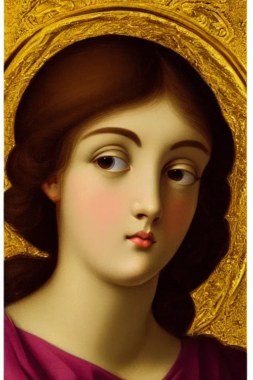 Image similar to Beautiful girl, calm face, closeup, ultra detailed, made in gold, Guido Reni style