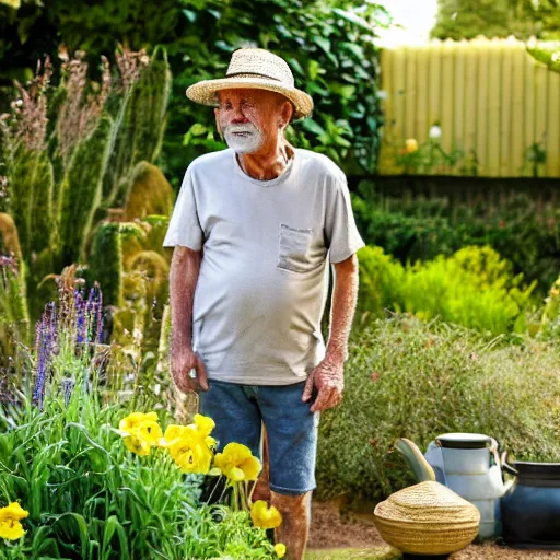 Prompt: old man in with short grey hair wearing a straw hat standing in a garden, yellow t shirt, jeans, brown leather shoes, photography, high detail, award winning photography