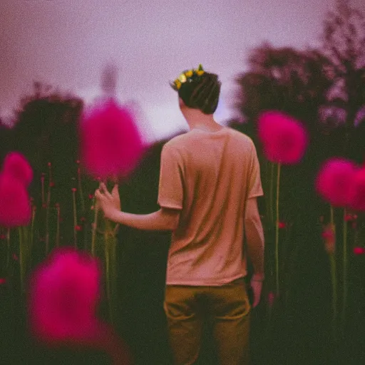 Image similar to kodak colorplus 2 0 0 photograph of a skinny blonde guy standing in a field of flowers, flower crown, back view, grain, moody lighting, telephoto, 9 0 s vibe, blurry background, vaporwave colors!, faded!,