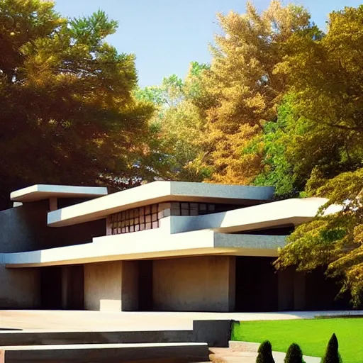 Prompt: minimalist fantasy art gallery architecture and landscape by frank lloyd wright, hyper realistic