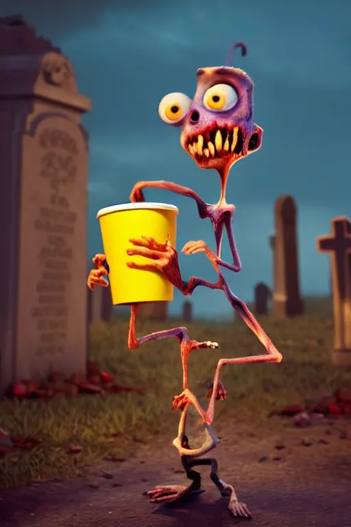 Image similar to a funny zombie character with big eyes holding a cup of coffee on a cemetery at night. pixar disney 4 k 3 d render movie oscar winning trending on artstation and behance. ratatouille style.