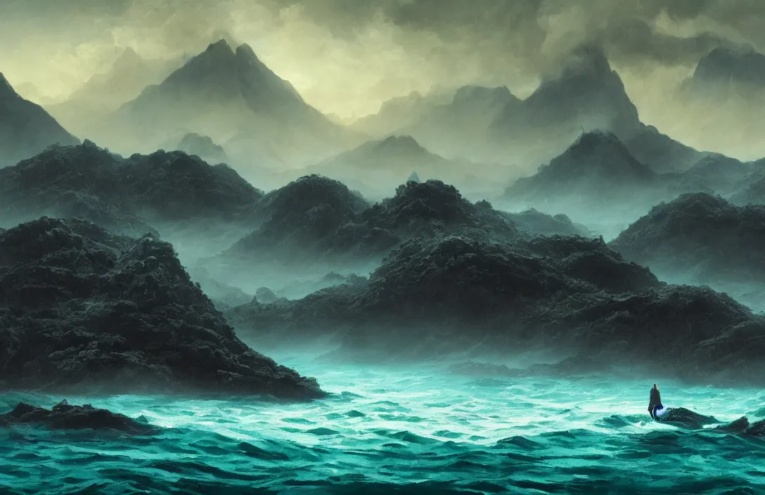 Image similar to huge gigantic cthulhu over a dark blue turquoise ocean, ultrawide shot, hyperreal phantastic misty landscape, in the style of dylan cole, mountains in background, intricate details in environment, luminance, golden ratio, high aestehtic, cinematic light, godrays, distance, clear atmosphere, photobash, wideangle, albert bierstadt, hyperreal 4 k