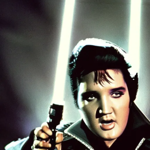 Image similar to elvis presley as a jedi in star wars, 1979 movie screen shot, epic lighting