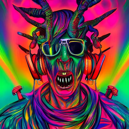 Prompt: psychedelic but muted colors, demon painting, rocking out, wearing headphones, huge speakers, dancing, rave, DJ, spinning records, digital art, amazing composition, rule-of-thirds, award-winning, trending on artstation, featured on deviantart