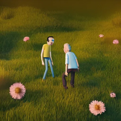 Prompt: realistic rick and morty in a field. france, dordogne, hills, ultra high,, detail, 8 k, sunset, flowers, trees, river, hills, octane render.