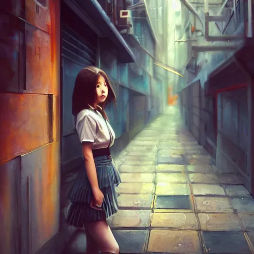 Image similar to a perfect, realistic professional oil painting of a Japanese schoolgirl posing in a dystopian alleyway, close-up, by a professional American senior artist on ArtStation, a high-quality hollywood-style concept