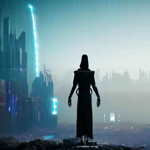 Prompt: a tall, skinny robot wearing a dark flowing robe and a hood, standing and staring out over a tall cliff, a futuristic city in the background, glowing neon lights, cyberpunk, 8 k, unreal engine render, highly detailed