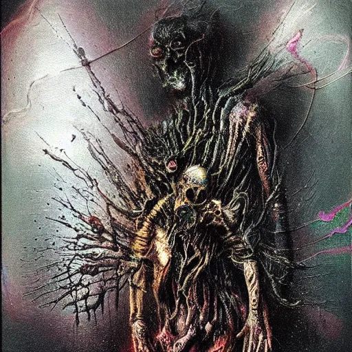 Image similar to acid metal reflecting, prismatic neon death, nebula oil colors, !dream merge skeletons in the hundeds reaching out the broken portal to hell, melting metal vortex, artwork by beksinski + gammell + mcfarlane + giger, wispy realistic horrors