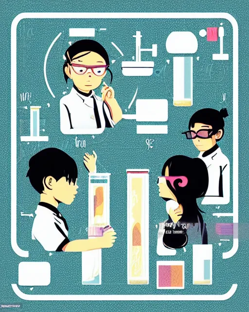 Image similar to a little girl in science lab experiment test tube microscope map. clean cel shaded vector art. minimalist illustration art by lois van baarle, artgerm, helen huang by makoto shinkai and ilya kuvshinov, rossdraws