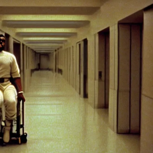 Image similar to a frame the movie andromeda strain, starring kanye west, hallway scene, panning shot, in focus