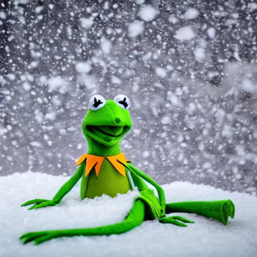 Image similar to Kermit the frog sits as it snows in the interior of a bourgeoise room, Still life with snow.