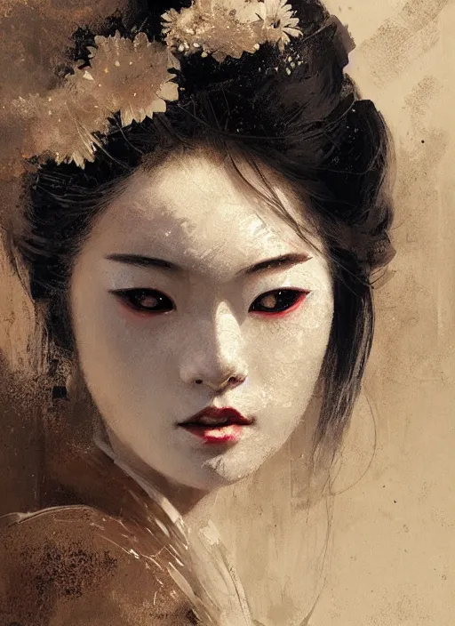 Image similar to female geisha girl, beautiful face, rule of thirds, intricate outfit, spotlight, by greg rutkowski, by jeremy mann