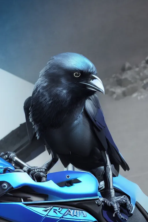 Image similar to a Crow riding a blue Yamaha R1, hyperrealistic, concept art, octane render, unreal engine 5, trending on DeviantArt, highly detailed, high quality, 8K, soft lighting, cute, natural lighting, realistic face, trending on Artstation, elegant clothes, profile picture, path traced, house background