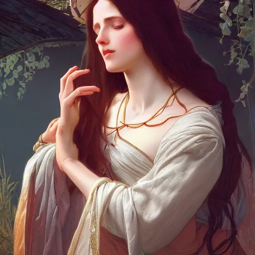 Image similar to jesus kissing a maria maddalena, intricate, elegant, highly detailed, digital painting, artstation, concept art, matte, sharp focus, illustration, art by artgerm and greg rutkowski and alphonse mucha