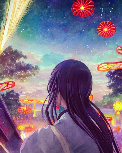 Prompt: beautiful anime painting of a boy and a girl with long hair from behind at a shinto shrine looking up at the night sky illuminated by colorful new years fireworks, by WLOP and Slawek Fedorczuk and rossdraws, trending on artstation, concept art
