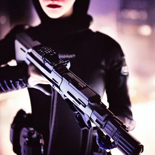 Image similar to cinestill 5 0 d candid photographic portrait of a techwear woman holding a gun on the rooftop of a futuristic city at night, closeup, modern cyberpunk moody emotional cinematic, clear skies, 8 k, hd, high resolution, 3 5 mm, f / 3 2, ultra realistic faces, ex machina