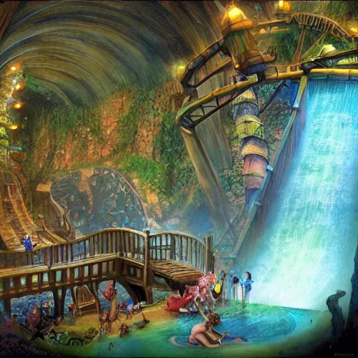 Prompt: waterpark in an underground mole kingdom with tunnels and lazy rivers painting by brain froud, charles vess, cinematic lighting, epic composition, highly detailed