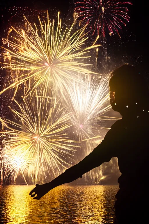 Prompt: ravers standing in water with fireworks in background, full body, silhouette, reflection in water, volumetric lighting, golden ratio, backlit