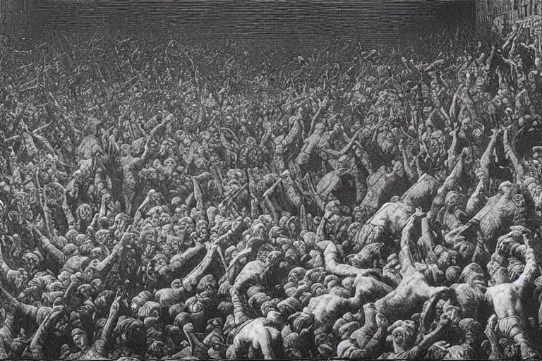 Image similar to aerial view, crowd of people looking up, Gustave Dore lithography