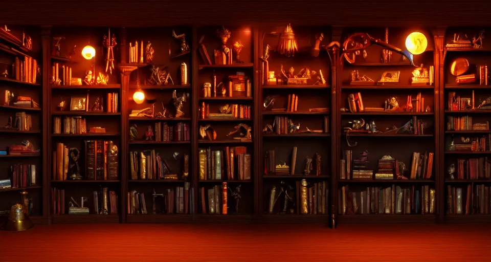 Image similar to a bookshelf of wonderful magical instruments, cinematic lighting, detailed, 4 k