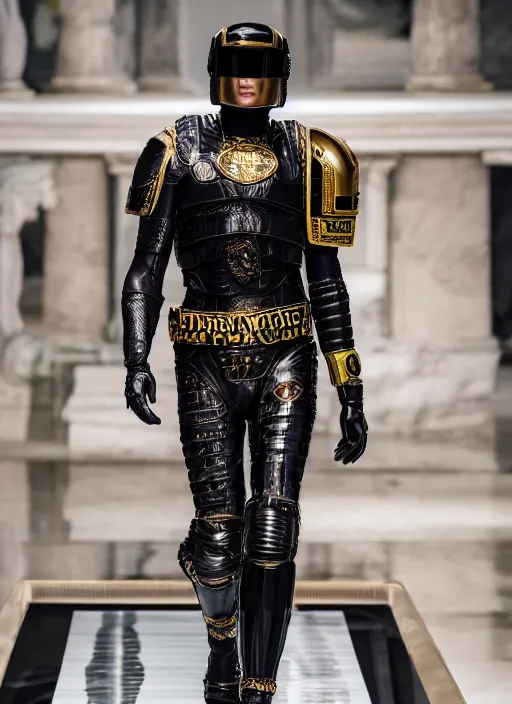 Image similar to hyperrealistic and heavy detailed versace runway show of judge dredd, leica sl 2 5 0 mm, vivid color, high quality, high textured, real life