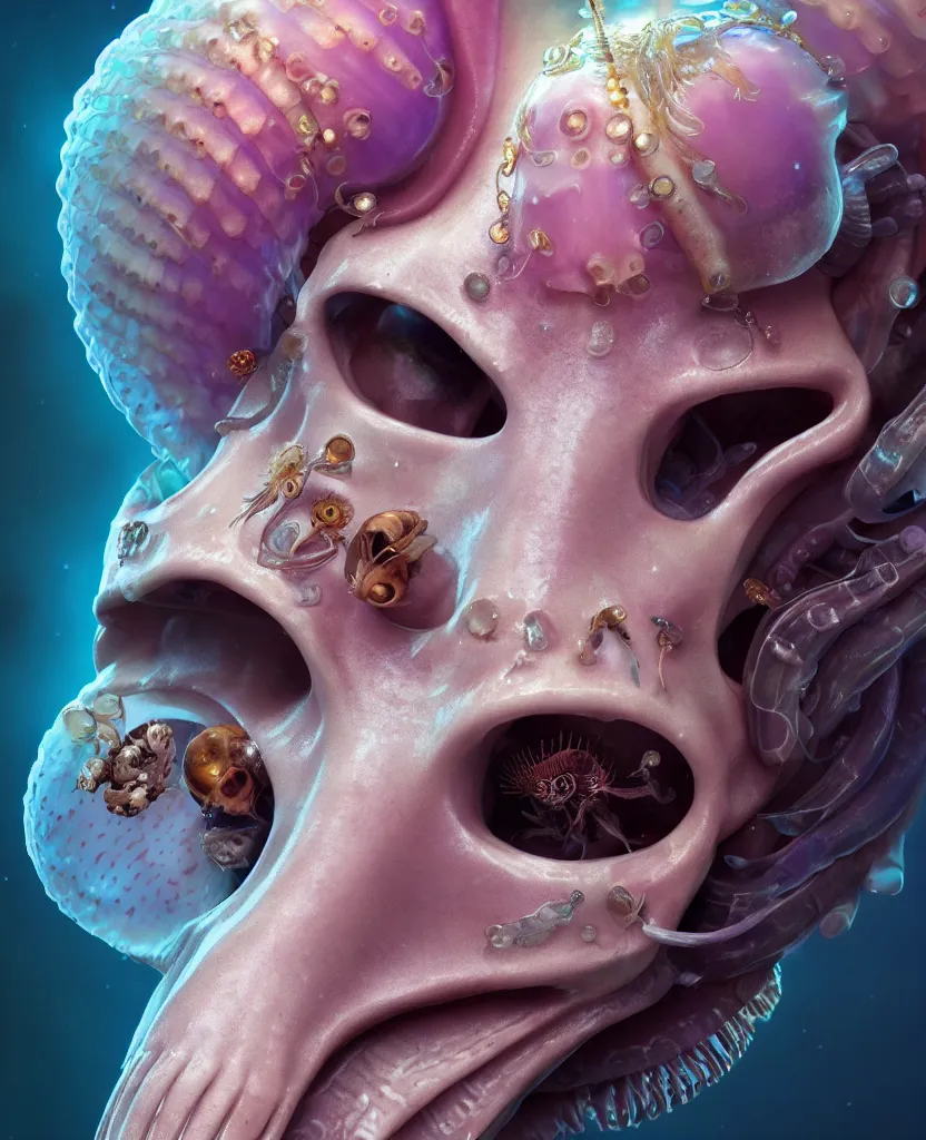 Image similar to goddess princess face close-up portrait ram skull. jellyfish phoenix head, nautilus, orchid, skull, betta fish, bioluminiscent creatures, intricate artwork by Tooth Wu and wlop and beeple. octane render, trending on artstation, greg rutkowski very coherent symmetrical artwork. cinematic, hyper realism, high detail, octane render, 8k