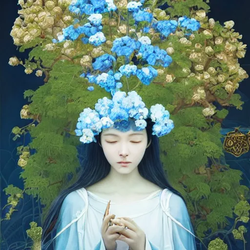 Image similar to breathtaking detailed concept art painting of the goddess of nemophila flowers, orthodox saint, with anxious, piercing eyes, ornate background, amalgamation of leaves and flowers, by Hsiao-Ron Cheng, James jean, Miho Hirano, Hayao Miyazaki, extremely moody lighting, 8K