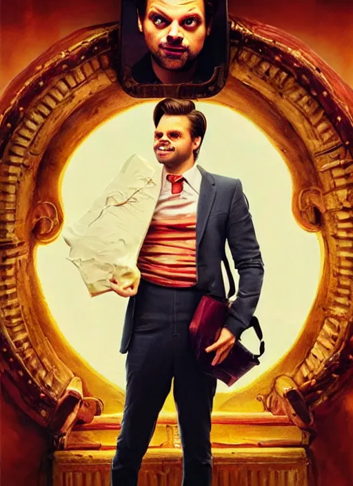 Image similar to highly detailed comedy caper movie poster with zany silly wacky sebastian stan as a sentient flan puddihg, sebastian stan face made from flan pudding by greg rutkowski, masterpiece, 1 0 / 1 0