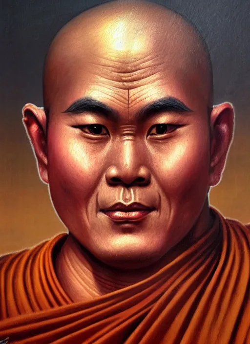 Image similar to smart tai buddhist monk, sukothai, closeup portrait, without eyebrows, historical hero, ethnic group, tai costume, intricate, elegant, loin cloth, highly detailed, oil painting, artstation, concept art, matte, sharp focus, illustration, hearthstone, art by earl norem