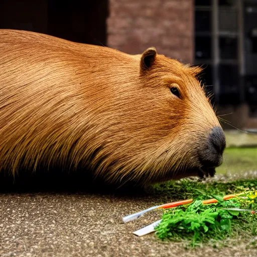 Image similar to a beautiful photo of a capybara chewing on a rtx 4 0 9 0 graphics card, eats a consumer gpu, wildlife photography, nvidia, kodak gold 2 0 0, depth of field, 2 5 mm f / 1. 7 asph lens, natural lighting, award - winning photo