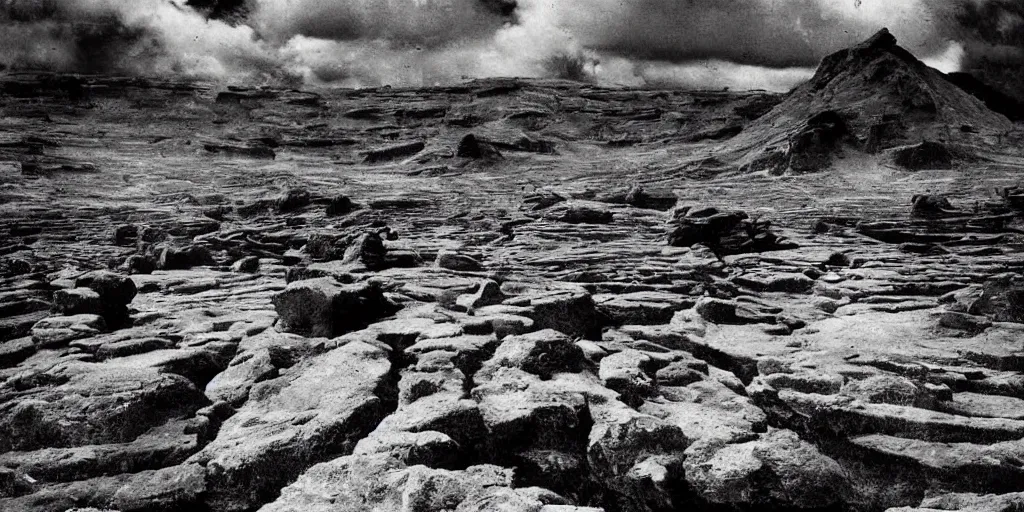 Image similar to an alien world landscape, black and white old photograph