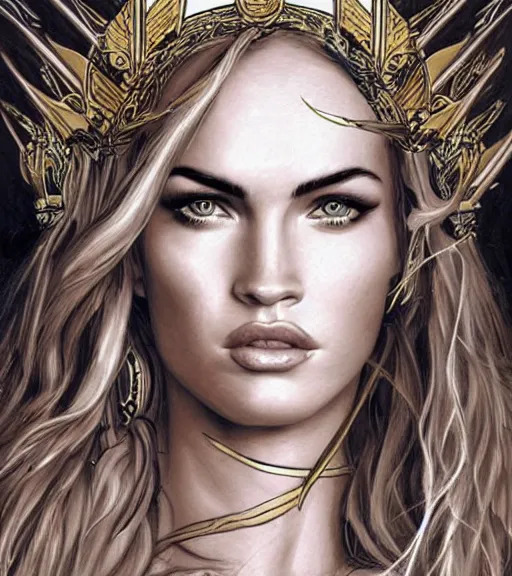 Image similar to portrait of megan fox as beautiful aphrodite goddess as an archer, arrow crown, beautiful piercing eyes, flowing blonde hair, realistic face, black and white drawing, in the style of greg rutkowski, fantasy, amazing detail, epic, intricate, elegant, smooth, sharp focus