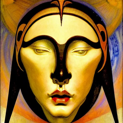 Image similar to masterpiece painting of a facemask made of stylized flowers, by annie swynnerton and jean delville and tino rodriguez and john watkiss, flower mask, art deco shaman, art brut, symbolist, dramatic lighting, god rays, elaborate geometric ornament, clean crisp graphics, soft cool colors, smooth, sharp focus, extremely detailed