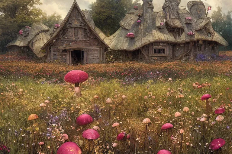 Image similar to a beautiful digital painting of a sprawling mushroom house in a field of flowers, beautiful day, stream, by greg rutkowski, gerald brom, marc simonetti, jean - baptiste monge, and alphonse mucha, symmetry, complementary colors, ink illustration, trending on artstation