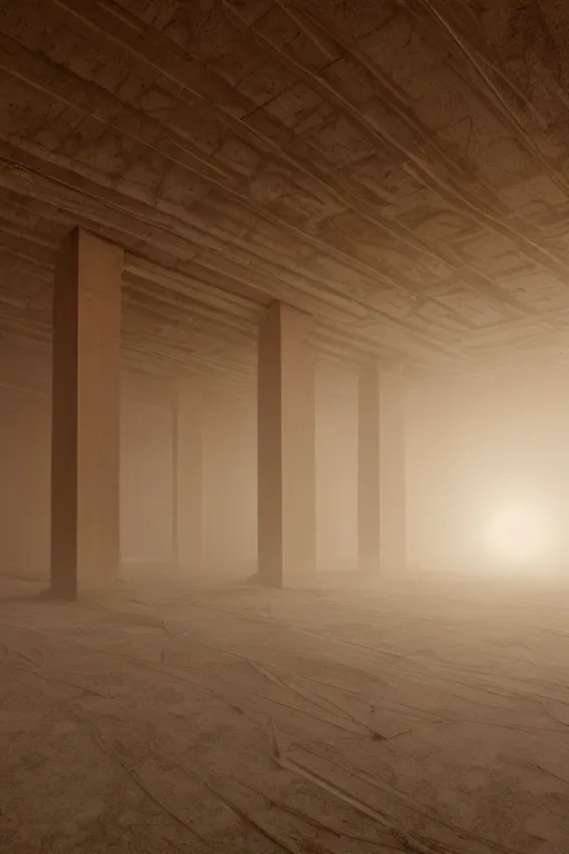 Image similar to inside a tall vetical room, convoluted halls, large open windows, fast wind, cables hanging, complex ceiling, ancient monolithic sci - fi, thick dust storm enters the buiding, concrete pillars, on an alien planet, sun is blocked by dust, pale orange colors, cinematographic wide angle shot, f / 2 4, motion blur