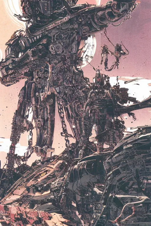 Prompt: cyborg bounty hunters at dusk, a color cover illustration by tsutomu nihei, tetsuo hara and katsuhiro otomo