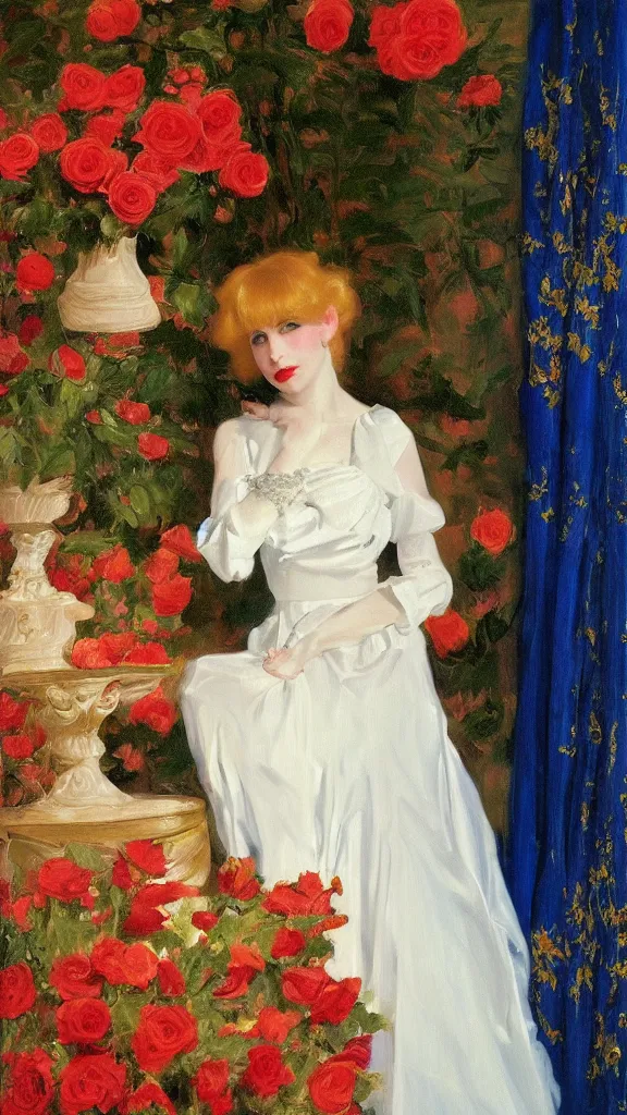 Image similar to portrait of young julee cruise in detailed golden sleeve balloon dress beside a pot of red roses, a persian blue detailed curtain in back painted by john singer sargent