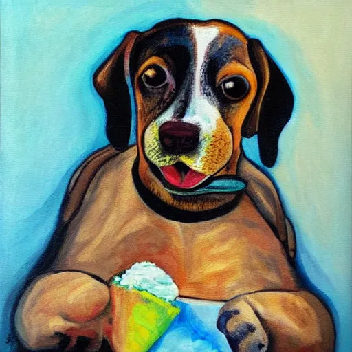 Image similar to painting of a dog eating ice cream