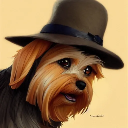 Image similar to anime portrait of the cutest yorkshire terrier detective wearing a fedora hat by Stanley Artgerm Lau, WLOP, Rossdraws, James Jean, Andrei Riabovitchev, Marc Simonetti, and Sakimichan, trending on artstation