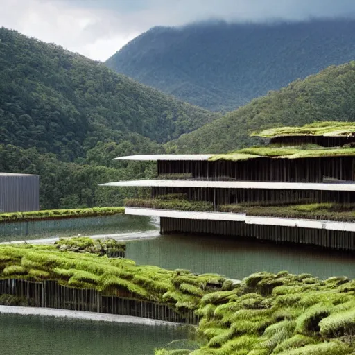 Image similar to a building in a stunning landscape by kengo kuma